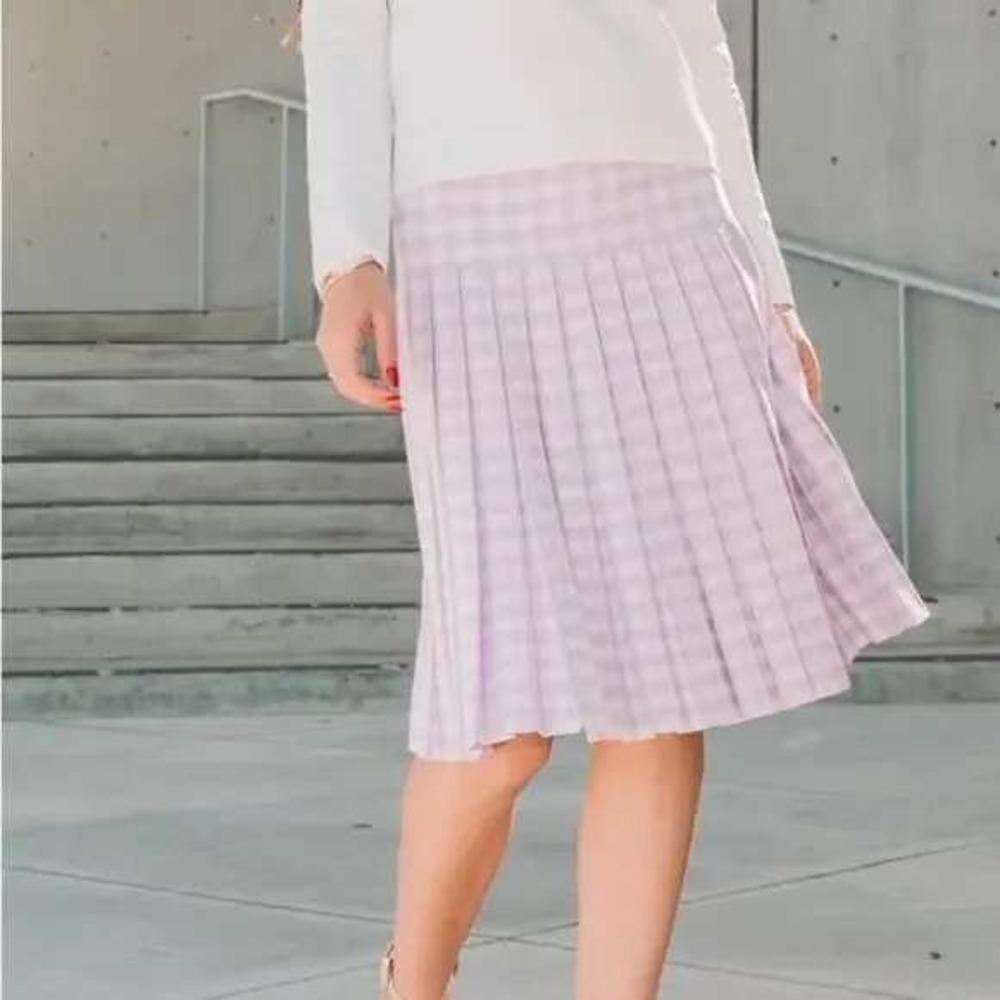 Aleeza‎ Paris Pleated Skirt Lavender White Plaid A-Line Small 27" Long / #8146